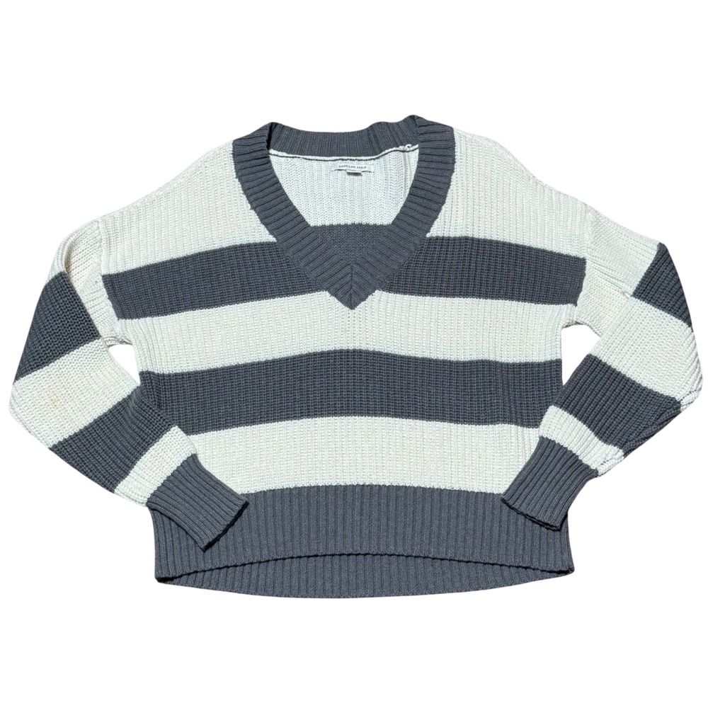 American Eagle Striped V-Neck Knit‎ Sweater XS Gray Cream